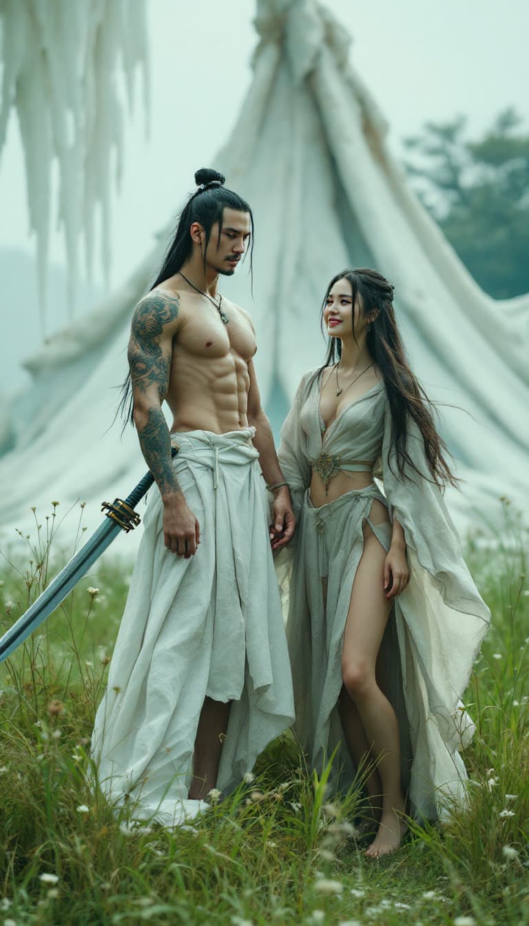 AI generated: full body view A surreal movie scene, a Chinese ninja and a stunning beauty standing in a lawn , the...