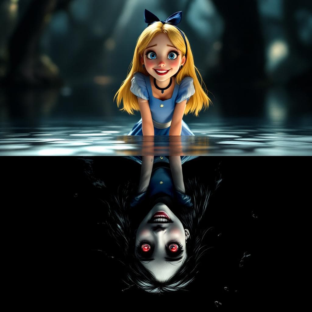 AI generated: Sharp contrast, top: Alice from 'Alice in Wonderland', beautiful surrealist, cheerful expression, bl...