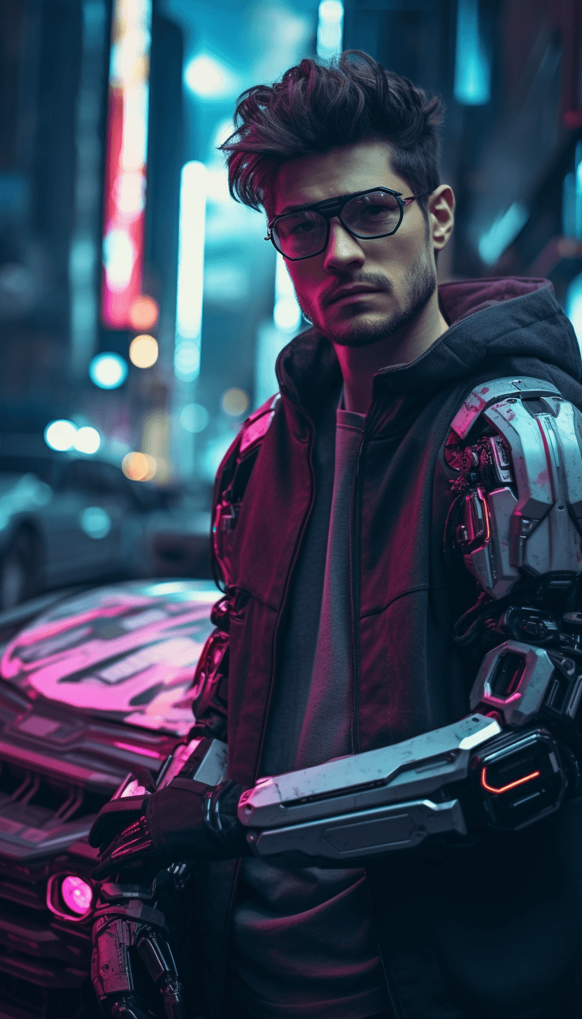 AI generated: realistic photo / of a yung man / a robotic arm / a cyberpunk outfit / a katana in his hand /glasses...