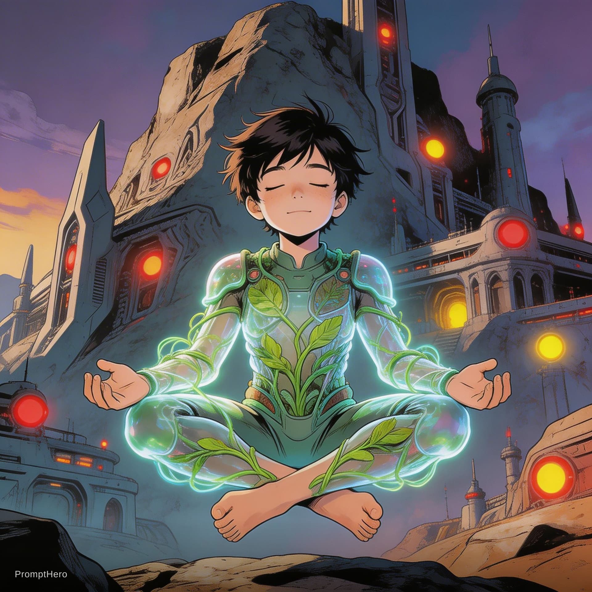 AI generated: comic image of a cute boy animation character in the style of Enki Bilal with nice nude feet ,Hologr...