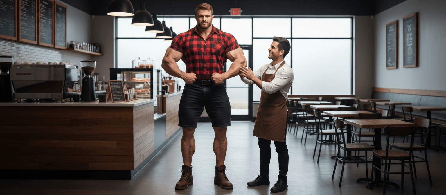 AI generated: At a coffee shop with no customers, the bodybuilder is 6'4" tall, he has huge muscular shoulders and...