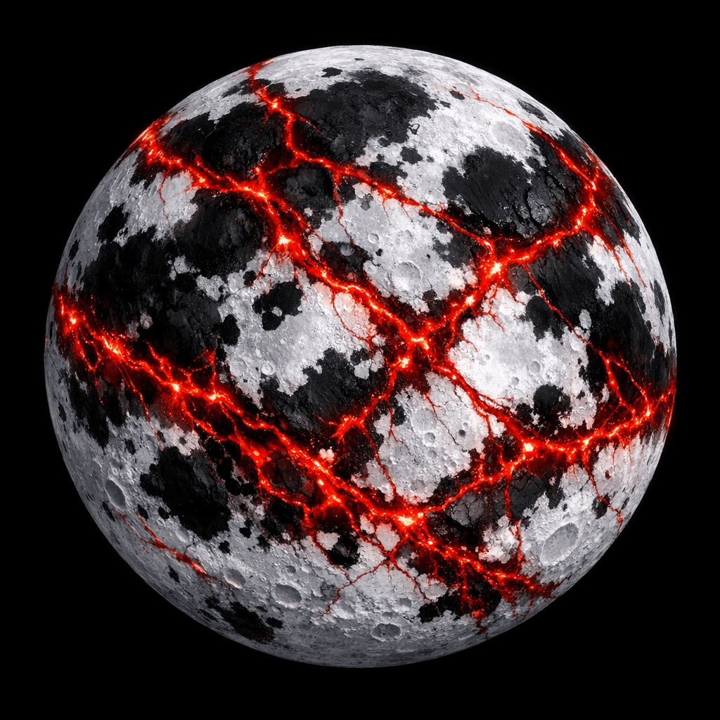 AI generated: a white moon with Black patches and rivers of crimson red oil running through it like veins of gold ...