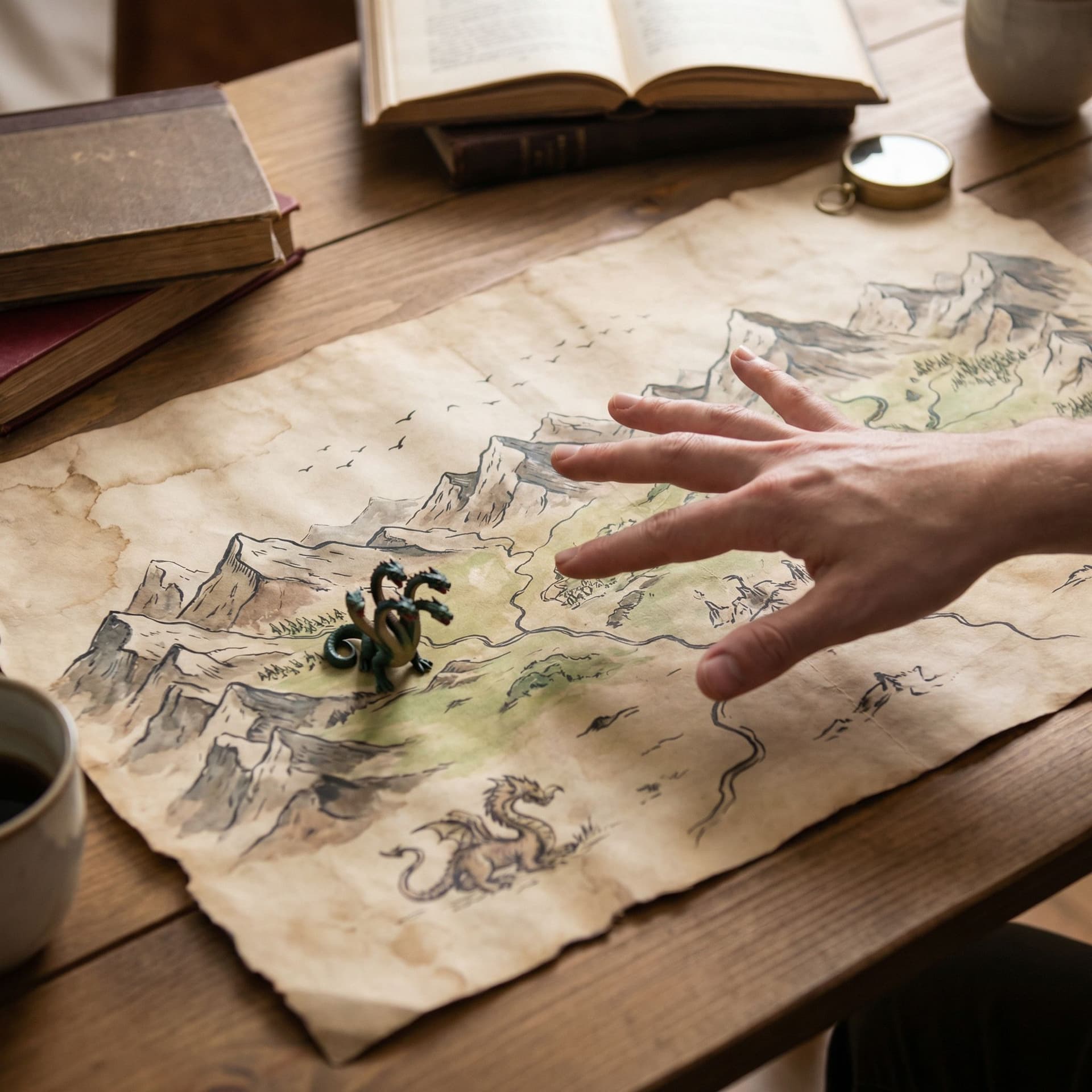 AI generated: The map lays flat on the table, very small distant birds fly over the mountains on the map and a hyd...