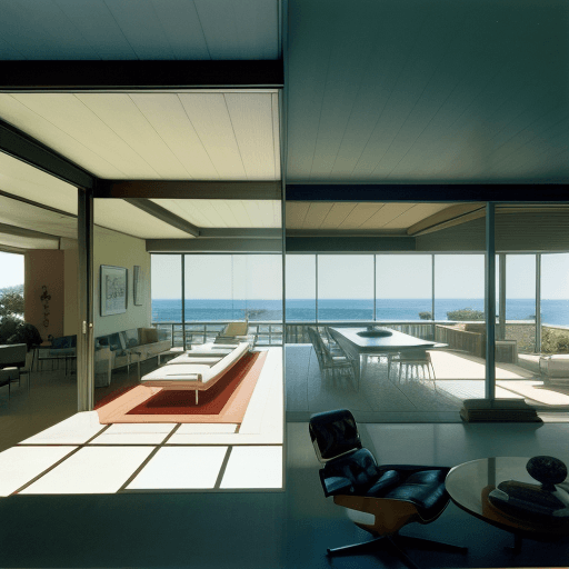 AI generated: Hyper realistic eye level exterior photo of a mid century modern style house overlooking the ocean, ...