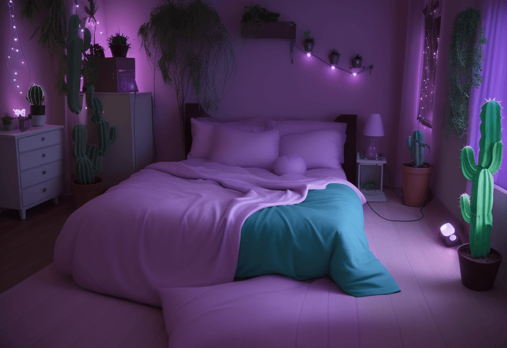 AI generated:  aesthetic bedroom, anime style, night, plants, cute, cactus, purple soft lights, gamer otaku, anime...
