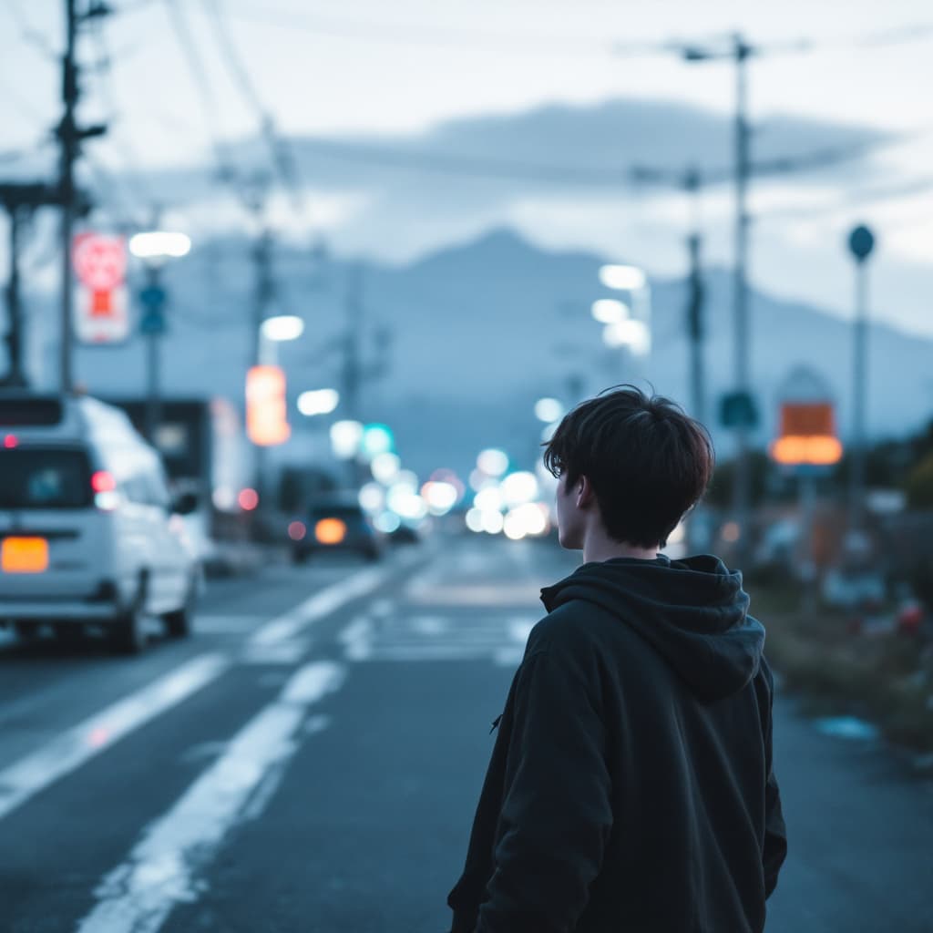AI generated: A handsome 20-year-old man short-long hair but not too much  walks away   in japan Photograph Distan...