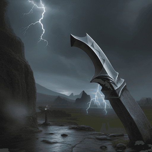 AI generated: realistic fantasy axe stuck in stone and lightning coming out of stone against rain background