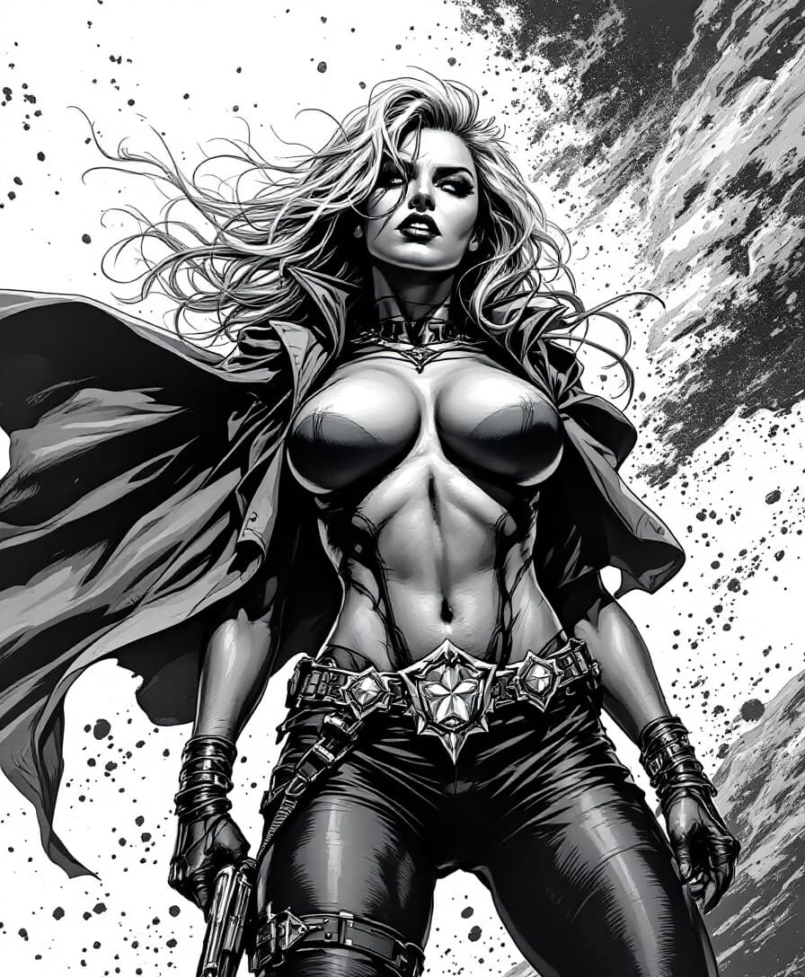 AI generated: female in 90s Top Cow comic style, dynamic pose, inked line art, comic book illustration, detailed s...