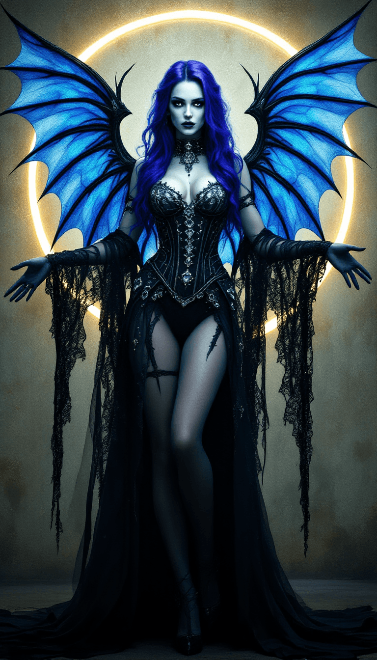 AI generated: A striking woman with a mystical, vampire-inspired look, confidently standing with her arms outstret...