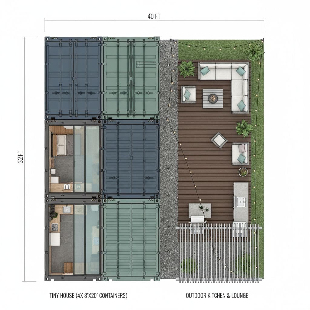 AI generated: a space 40ft by 32ft, half the space 20ft by 32ft has a tiny house made of 4, 8ft by 20ft containers...