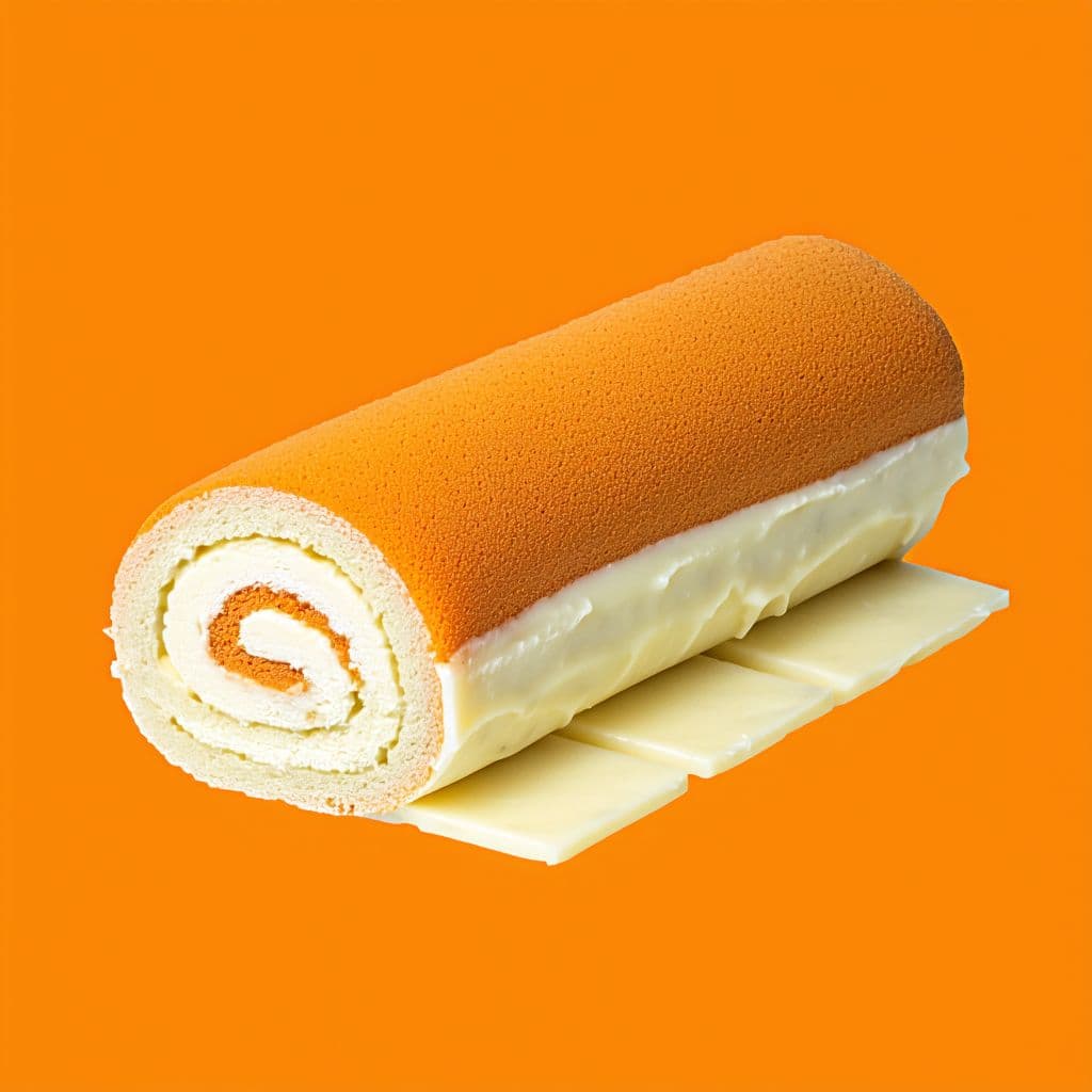 AI generated: The image shows a rolled cake with an orange exterior and a white chocolate base, similar to a Swiss...
