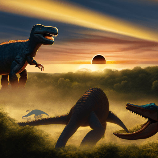 AI generated: A human living during the Jurassic amidst Dinosaurs, gazing up a setting sun