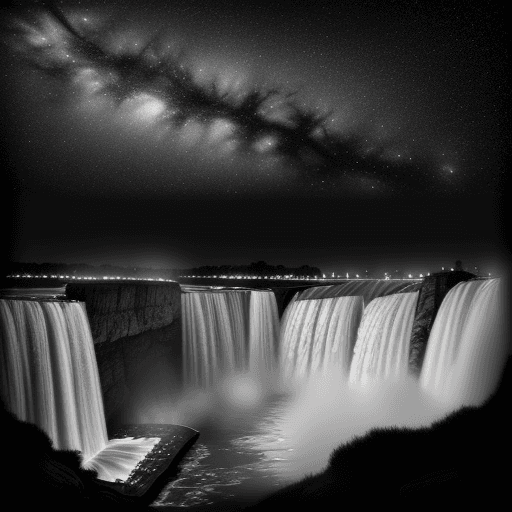 AI generated: Black and white pencil drawing of the niagra falls in the nighttime with the milky way in black in w...