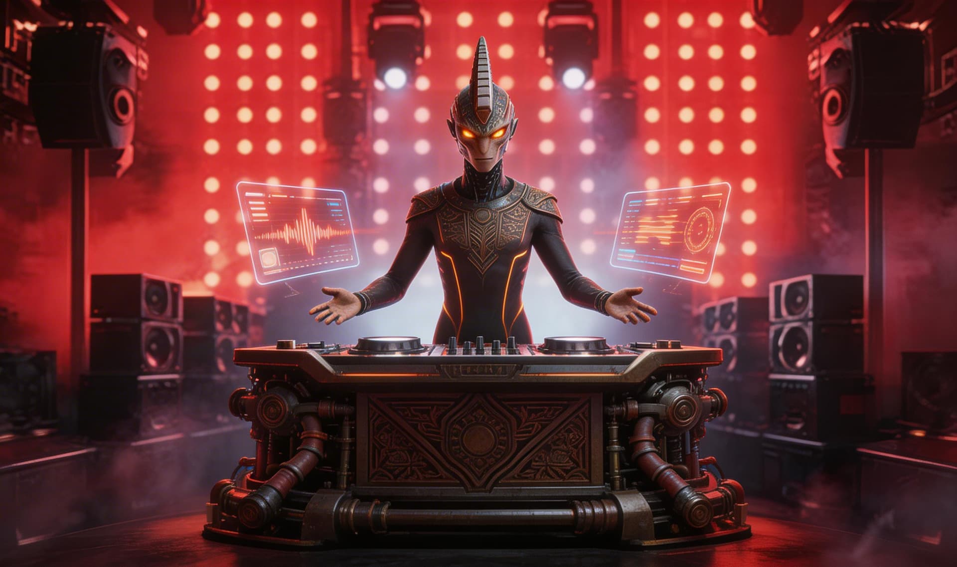 AI generated: Futuristic TAGG DJ command booth inside alien nightclub, massive elevated armored metallic platform ...