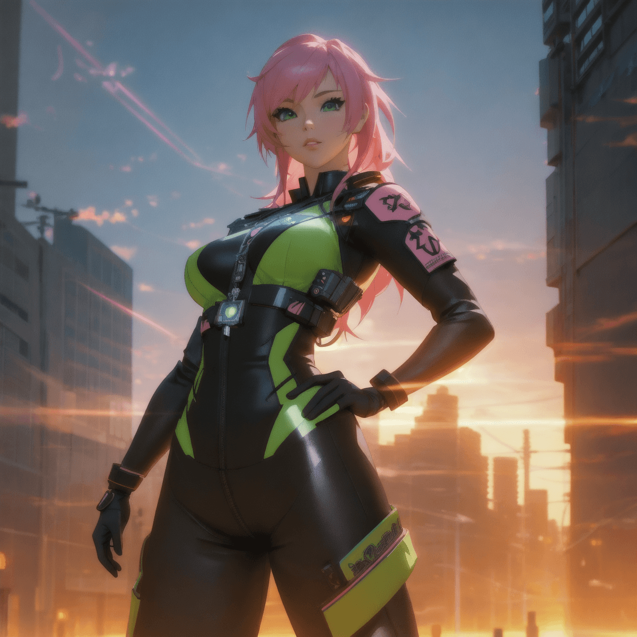 AI generated: anime artwork professional 3d model 1girl, pink hair, green eyes, green racing suit, pretty face, la...