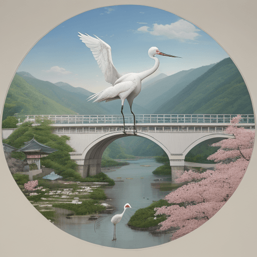 AI generated: There is a bridge over the valley and a white crane passes through the center of the flower paper. K...