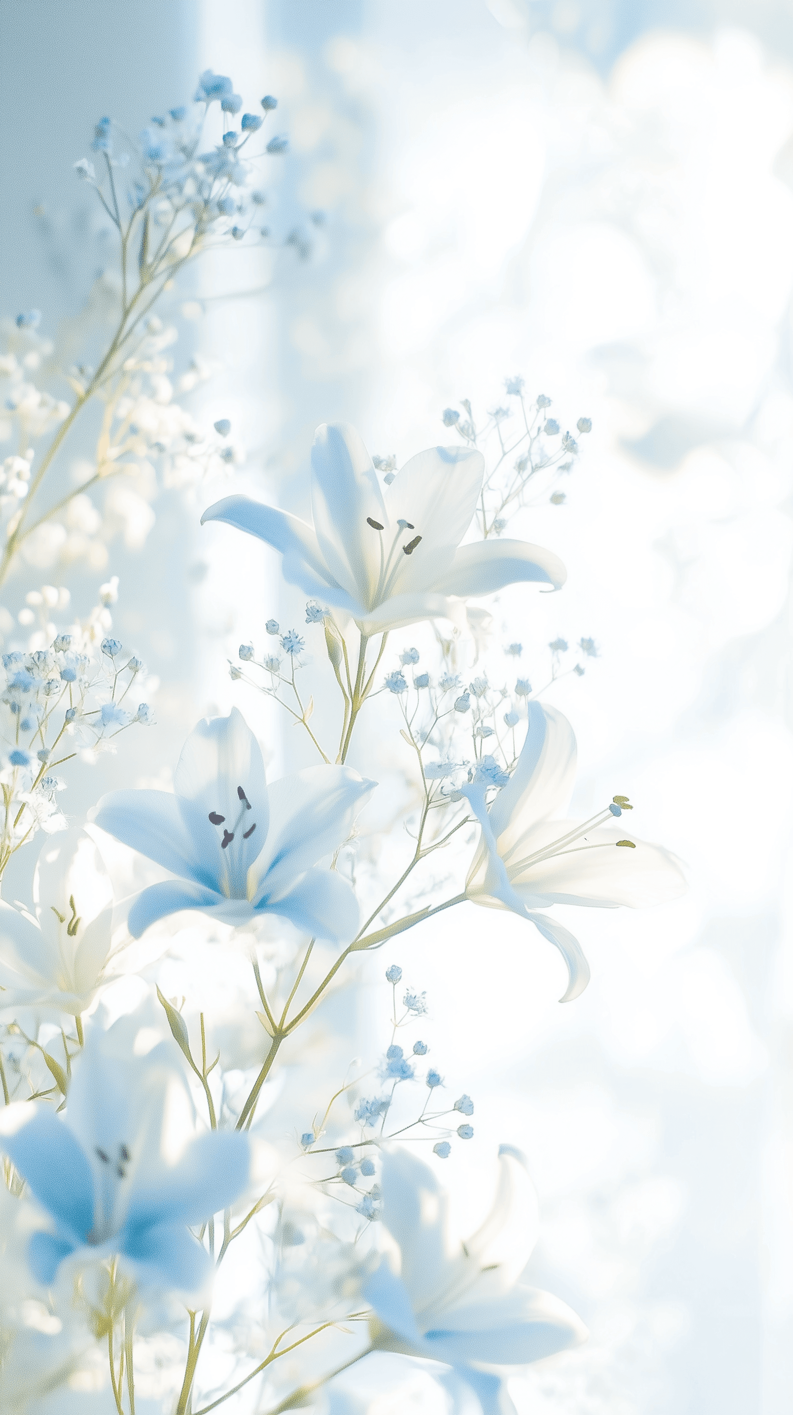 AI generated: artistic painting technique, delicate watercolor, side view composition, lilies and light blue baby'...