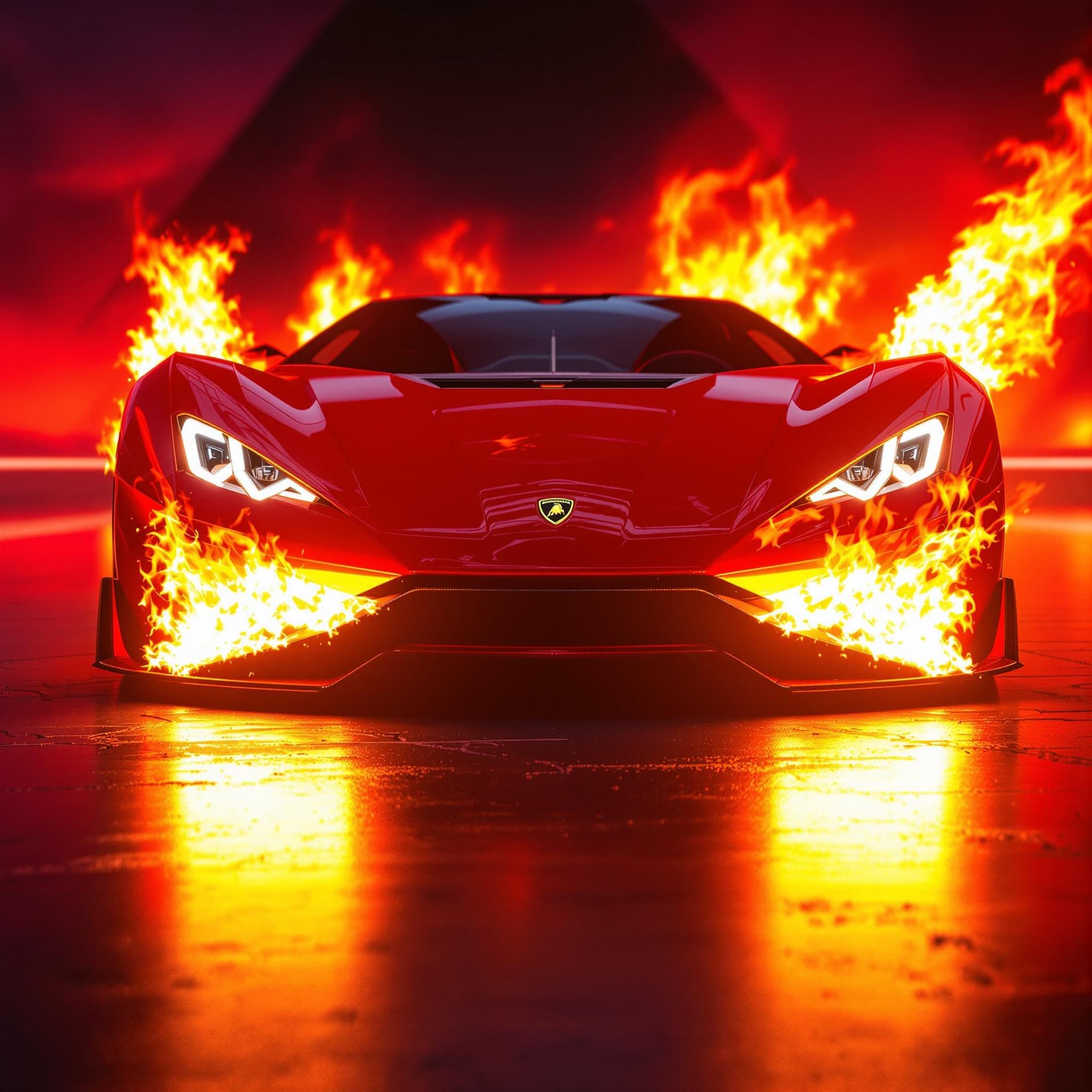 AI generated: front view of a shiny red futuristic lamborghini with realistic flames coming off the rear tires onl...