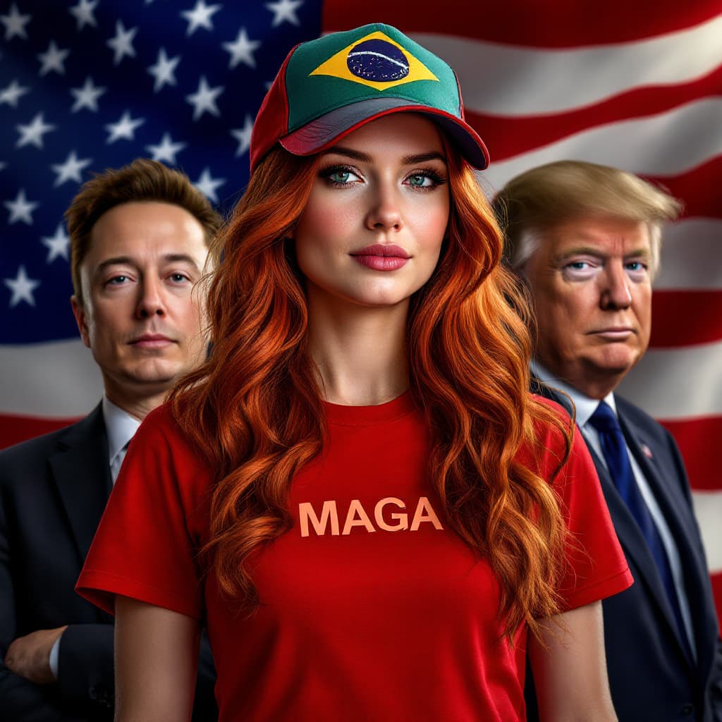 AI generated: Generate a red-haired woman with wavy hair wearing a red shirt with the text "MAGA" and a cap in the...