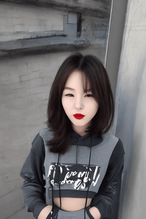 AI generated: 1 girl, beautiful Korean girl, (Cute Loose Bob hair), (wearing a cropped hoodie, capri sweatpants:1....