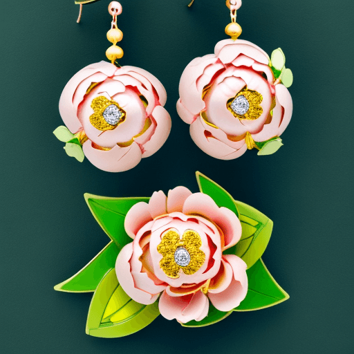 AI generated: a light pink peony, with a lime green stem with some leaves, and on the stem hanging two earrings wi...