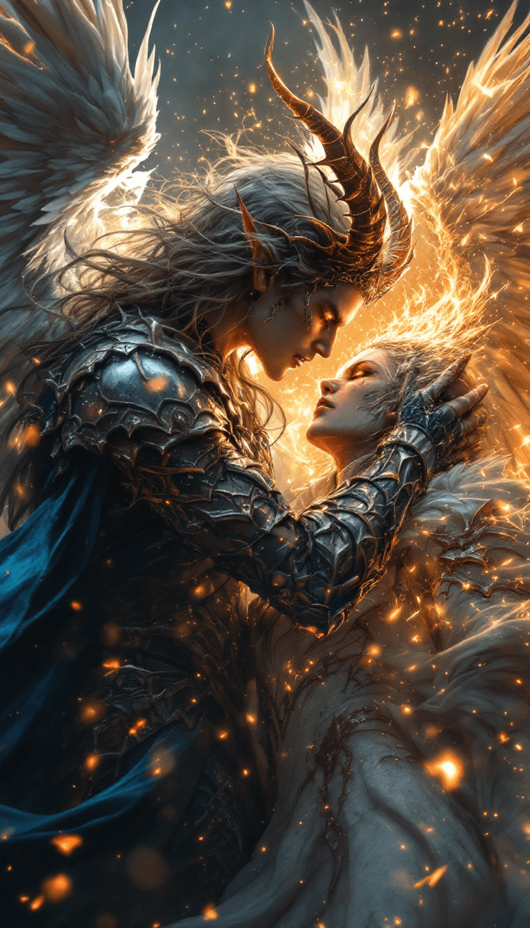 AI generated: Epic Fight between one angel woman and one male demon, angel and demon wings, Extrem perky skin, fre...
