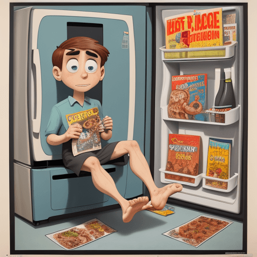 AI generated: a poster, cartoon, T-bone meat which feet and eyes, seating in the refrigerator, holding a magazine,...