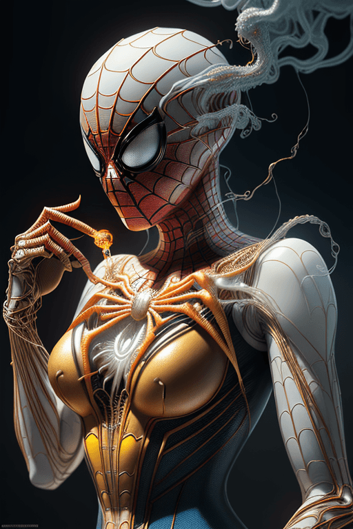 AI generated: spiderman steampunk ranslucent women in biomechanical body, liquid cooling, intricate circuits, beau...