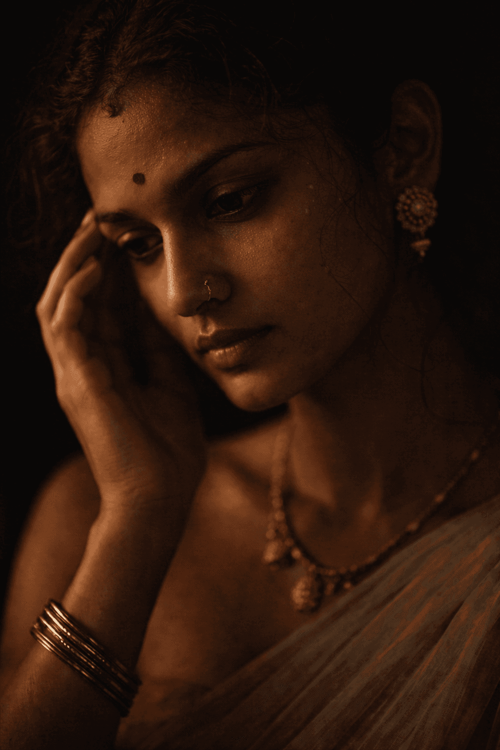 AI generated: cinematic close portrait of an Indian woman with hand gently touching face, natural imperfect gestur...