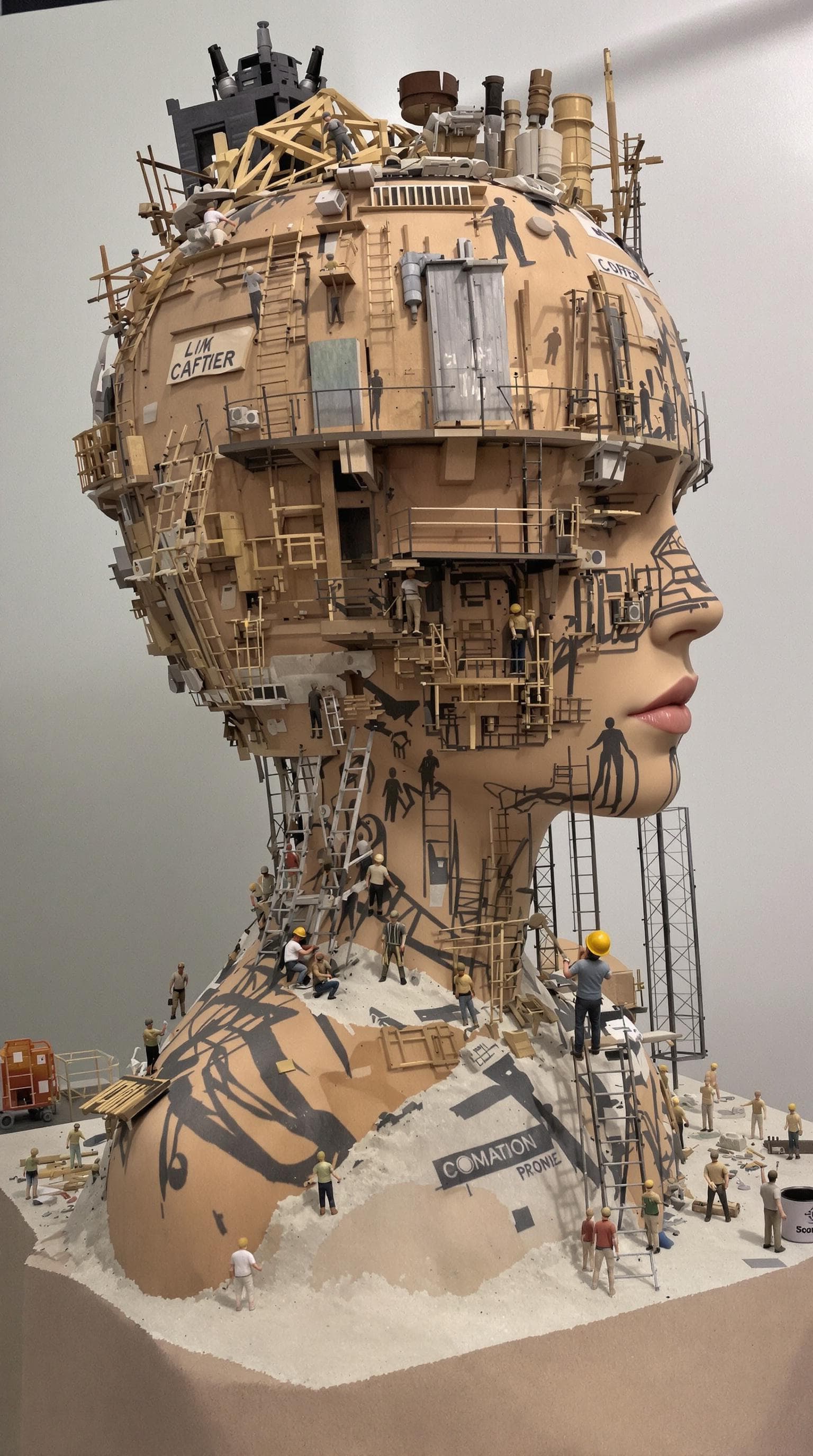 AI generated: miniature really 
small construction workers making Tattoo on a Women's Gigantic Head
