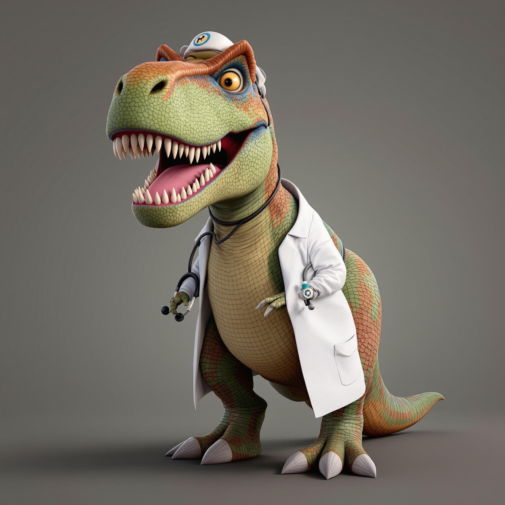 AI generated: 3d cartoon Tyrannosaurus rex wearing a doctor unifrom