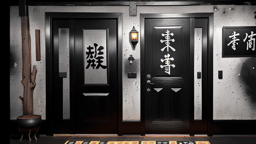 AI generated: The black rectangle is the metal texture of the advertising door head, the main title of the door is...