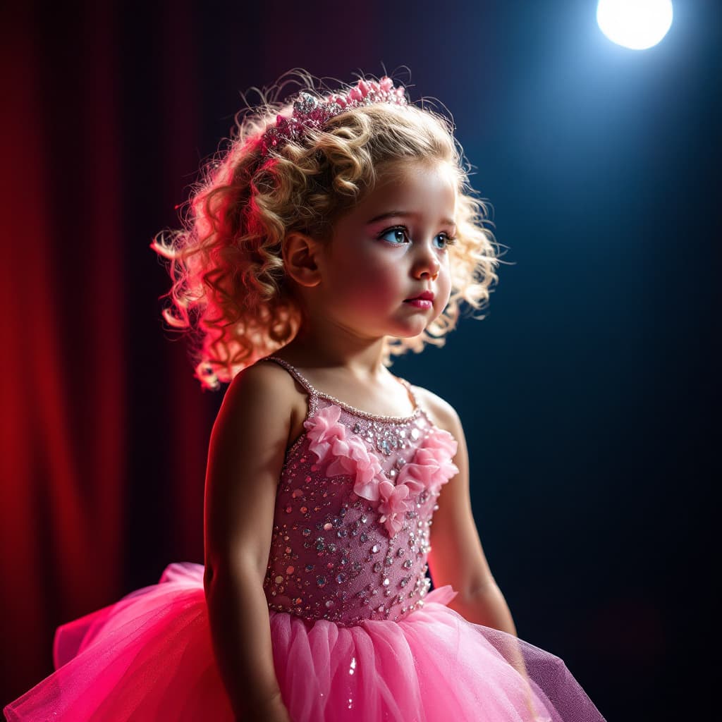 AI generated: A little American Texan girl, her chubby cheeks framed by a halo of curly blonde hair, reluctantly s...