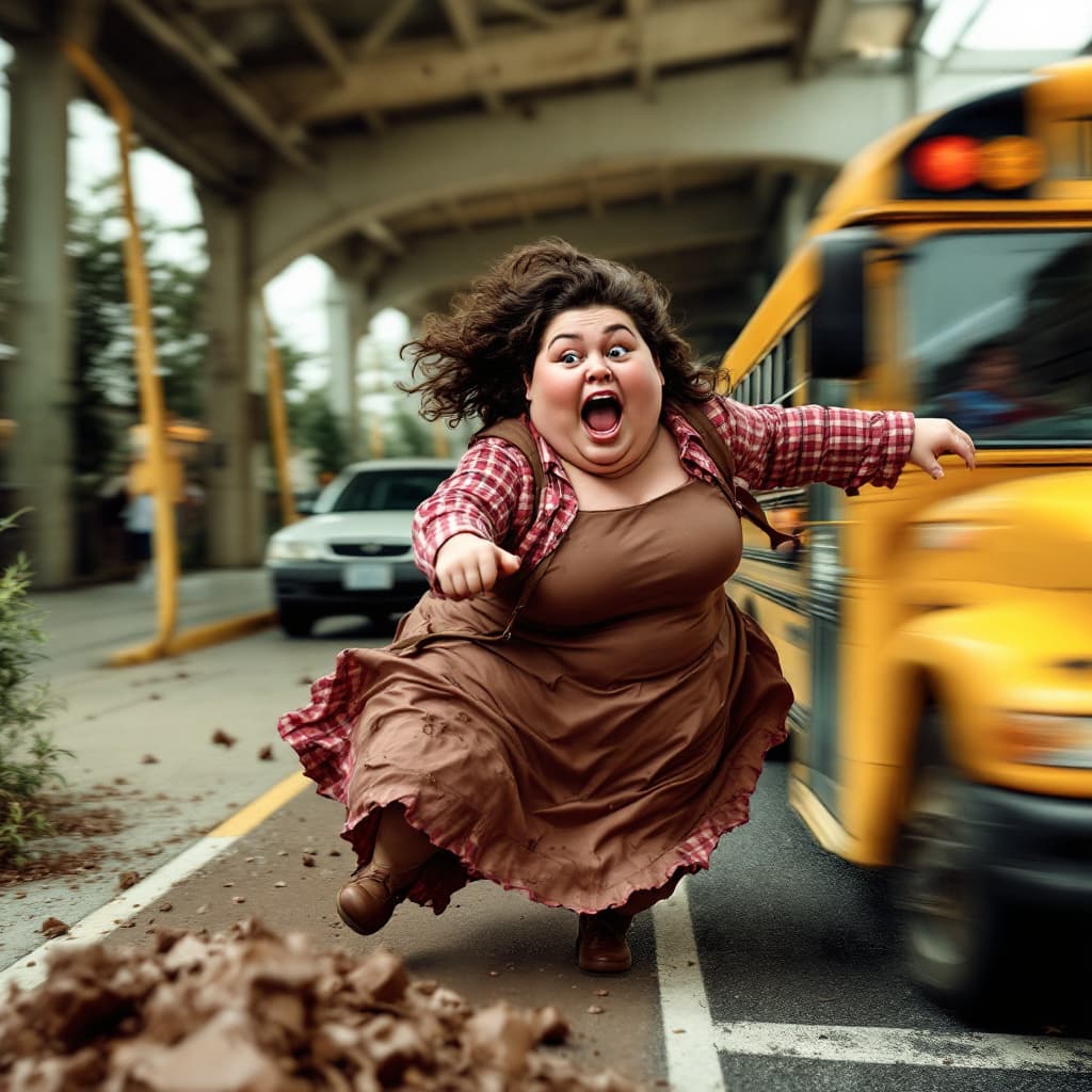 AI generated: big fat woman chasing after a chocolate cake on a school bus    
