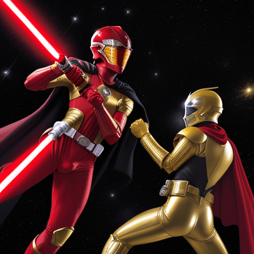 AI generated:  RED SPANDEX SUIT, WITH GOLD GLOVES AND BOOTS , wearing a RED ranger helmet HOLDING a lightsaber vs ...