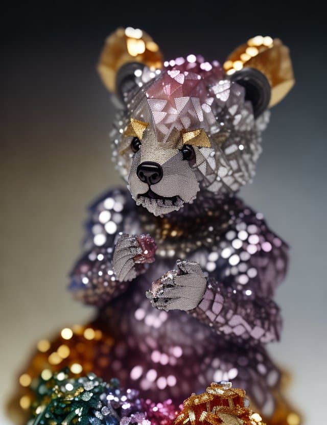 AI generated: a close up of a little bear (made from many colored diamants, gold and silver:1.4), a 3D render by M...