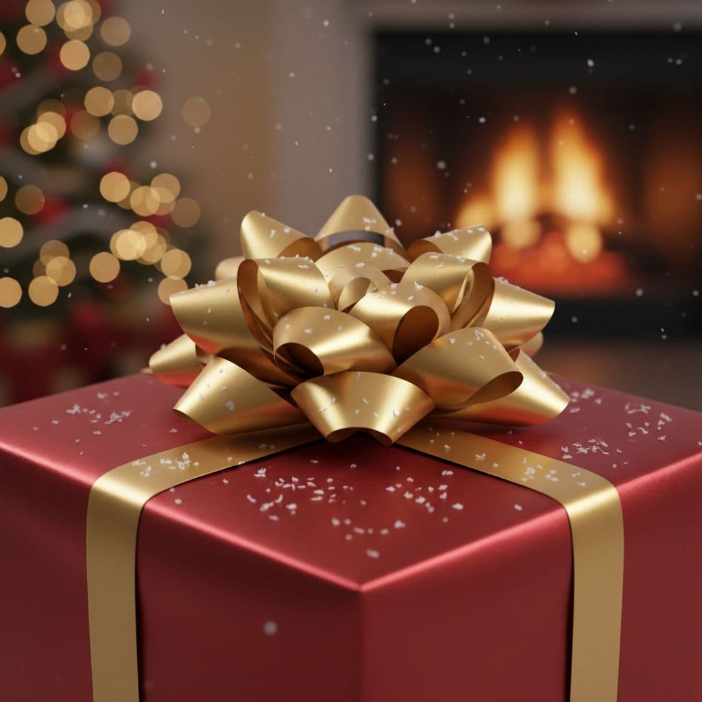 AI generated: Christmas gift box with smooth wrapping paper, beveled bow edges, photorealistic close-up.