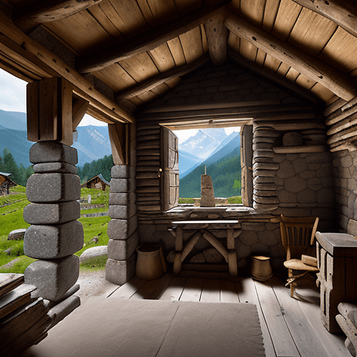 AI generated: Set in the ancient era of ancient Rome, a stone hut, without windows, with a wooden roof, with a log...
