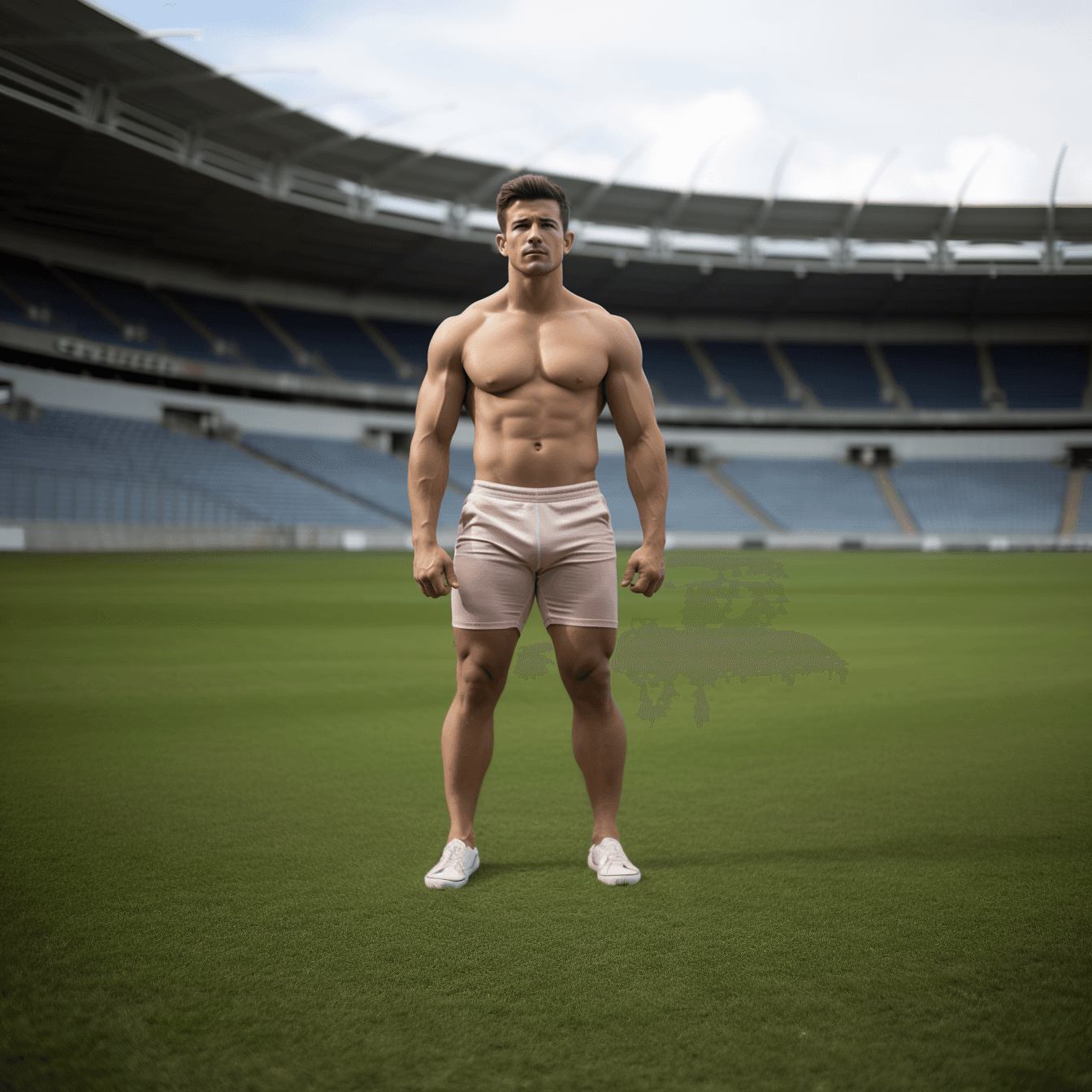 AI generated: man on the field, a photo of an athletic, handsome, fit, abs , show legs and feet, wearing sleeveles...