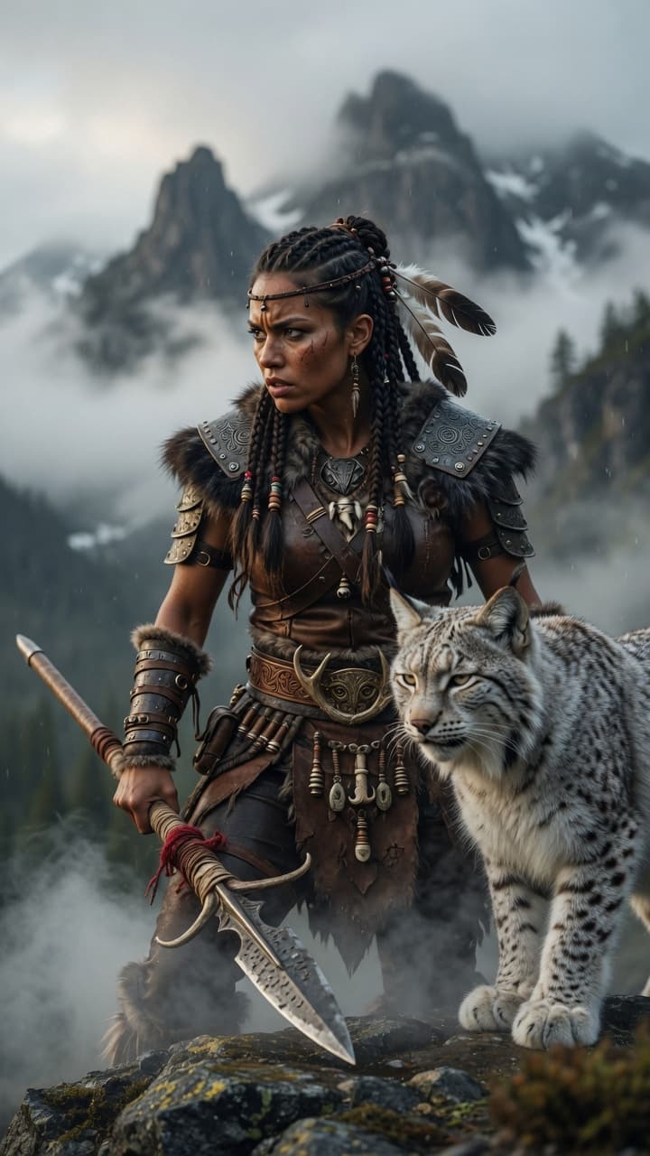 AI generated: Ultra-realistic National Geographic level photograph of a fierce young tribal warrior woman standing...