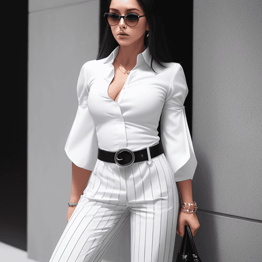 AI generated: Woman is wearing a white dress shirt, featuring flared sleeves that drag to the ground, belt straps ...