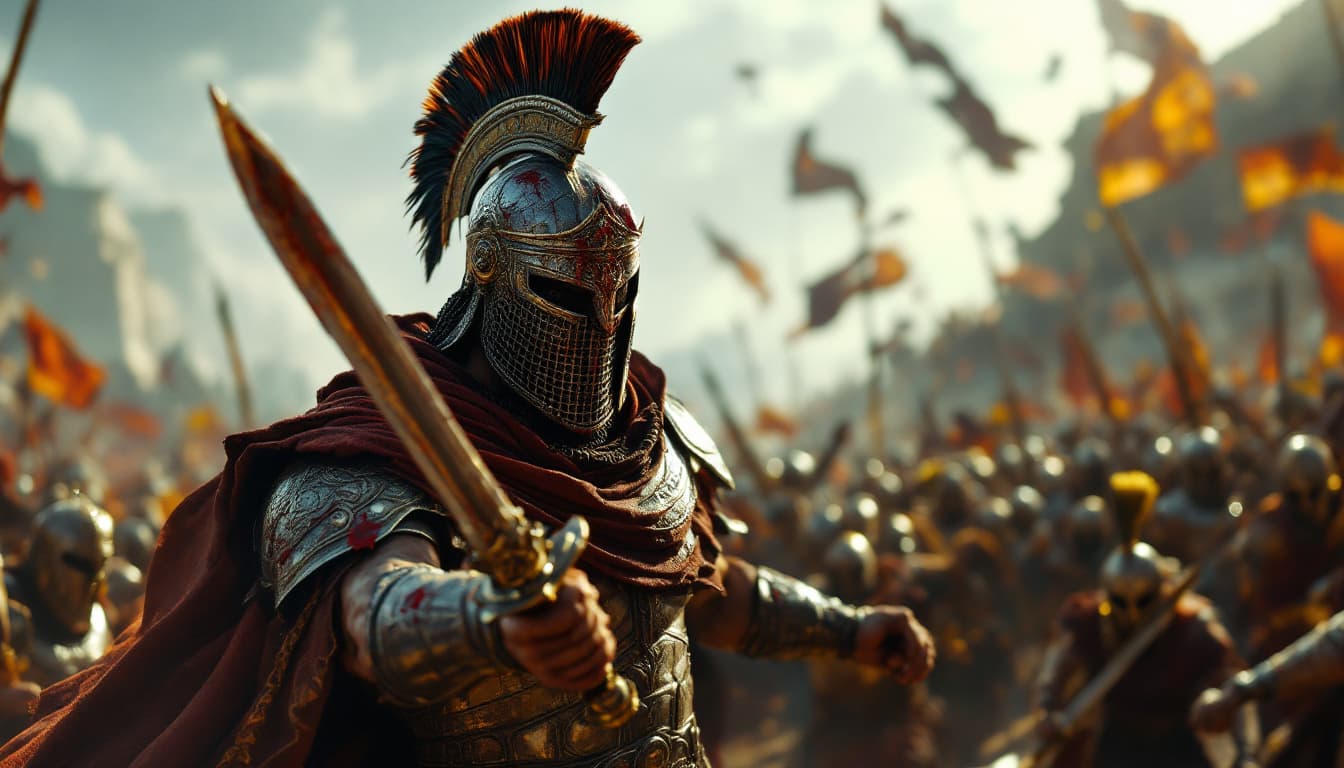 AI generated: Ultra-realistic .		Wide shot of Ario surrounded by enemies, his sword still raised. [Ario: defiant A...