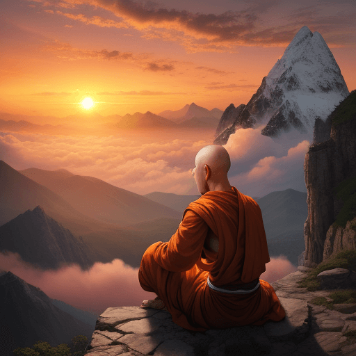 AI generated: Hyper realistic monk looking at the sunrise over the mountain and clouds