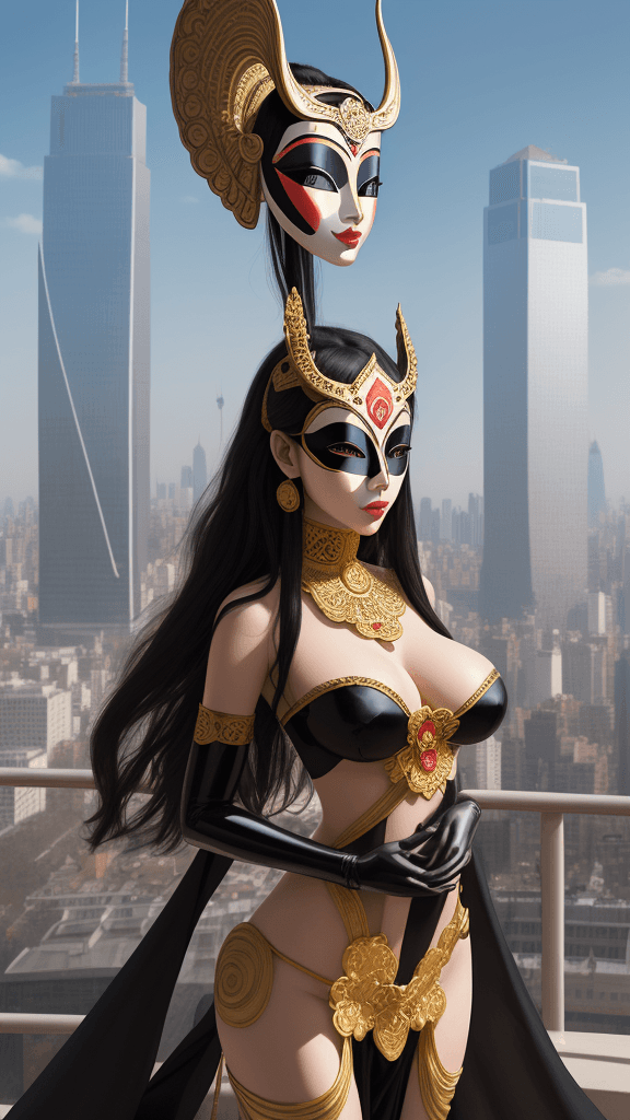 AI generated: adorned in only a silk mask
easy access cutouts
poses open atop a towering skyscraper
her flawless
s...