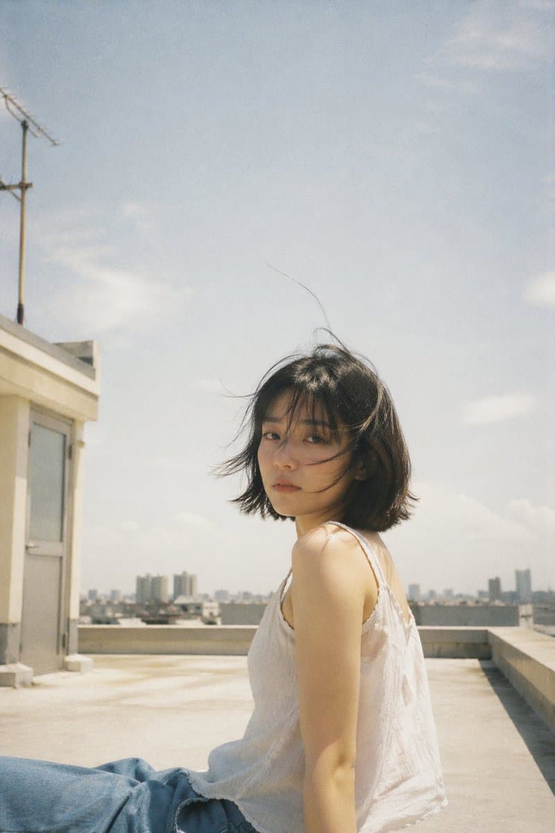 AI generated: Japanese negative film aesthetic, rooftop summer scene, soft natural sunlight, slight overexposure h...