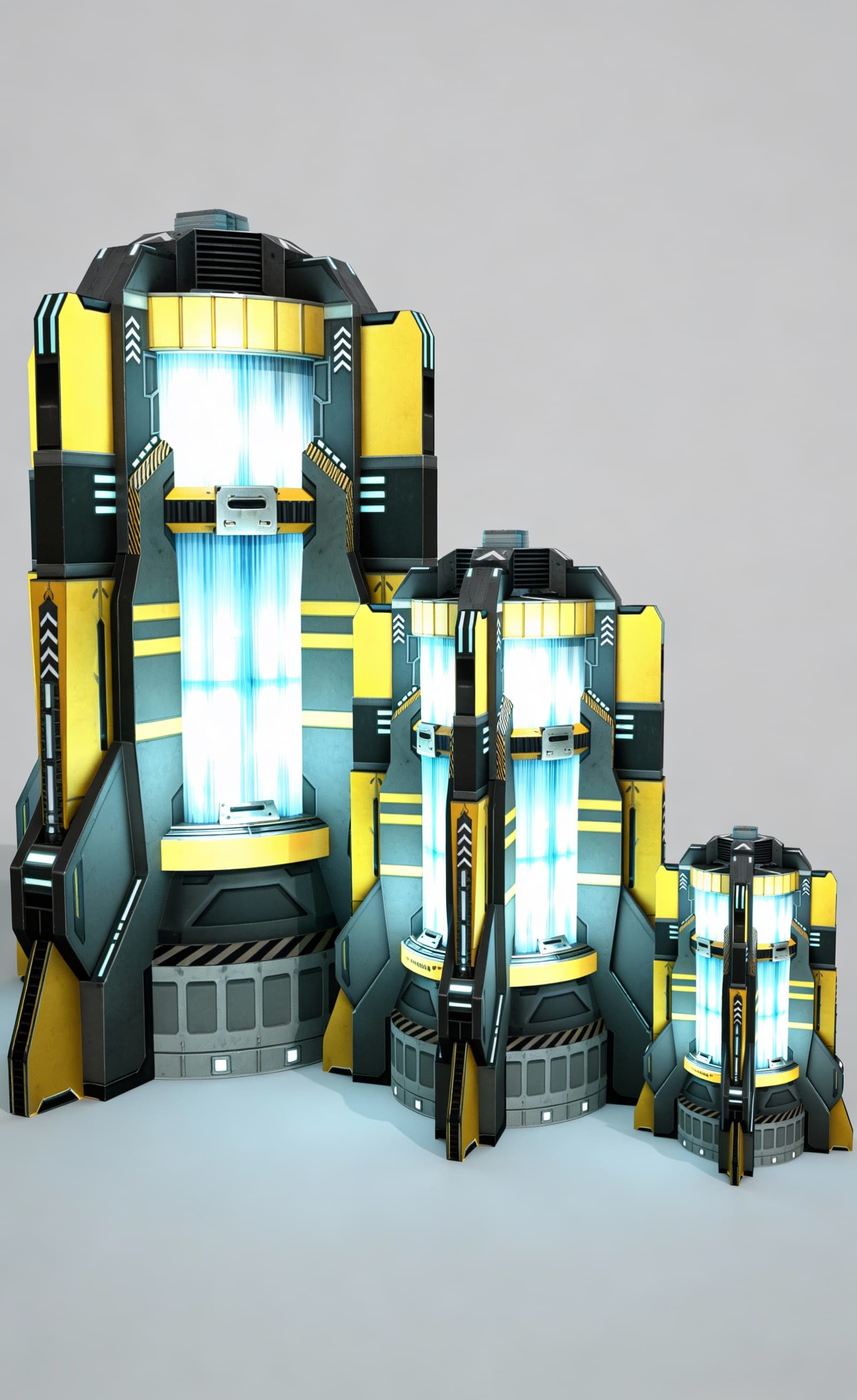 AI generated: Use Reference Images to imagine, in detail, a Spacecraft Anti-Grav Drive. Show three devices side-by...