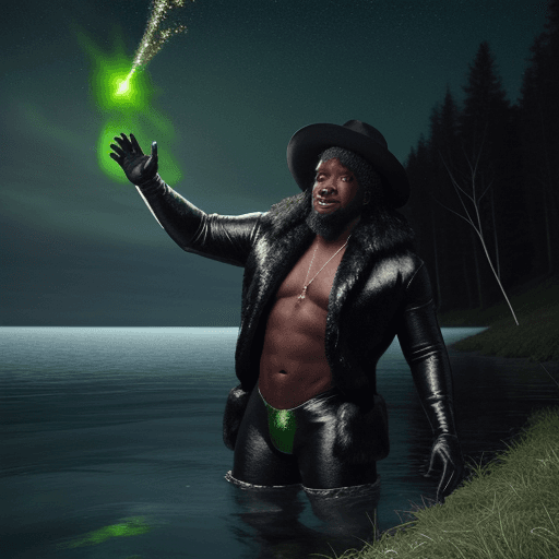AI generated: black man dressed in  fur and cow skin finds meteorite while fishing, the green glow cast on the wat...