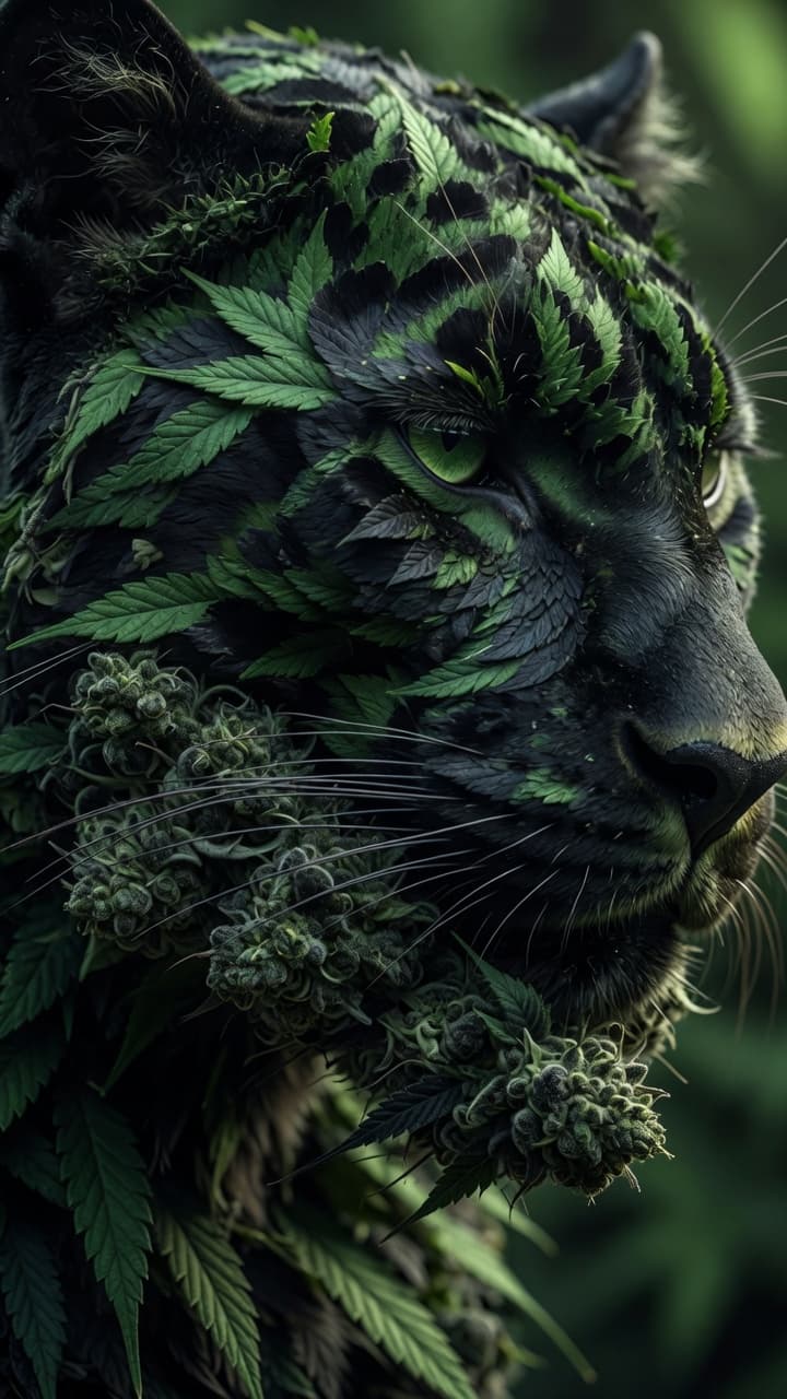 AI generated: hyper-realistic extreme close-up photograph of a panther's face in profile view. The entire animal i...