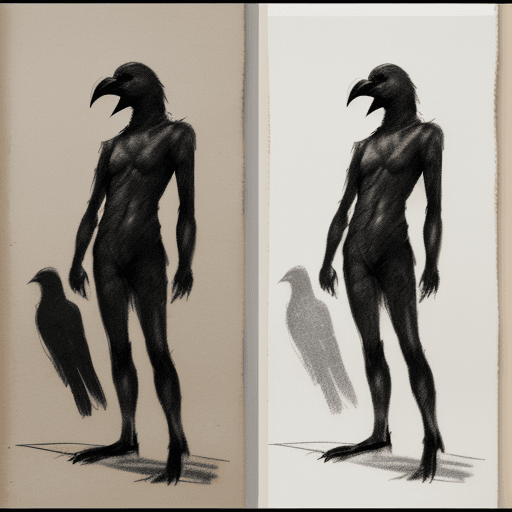 AI generated: Rough charcoal sketch on old paper, crow figure, standing pose, clean line art --ar 68:128 --stylize...