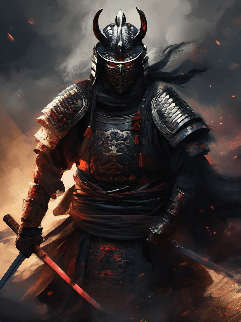AI generated: a broken but unstoppable legendary samurai in full battle gear, masked, extremely brutal epic compos...